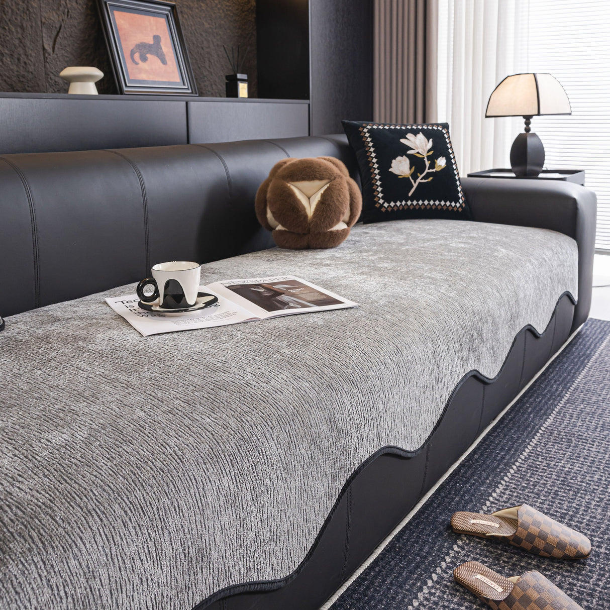 Chenille Couch Cover with Scalloped Edge, Non-Slip Modular Slipcover Sectional