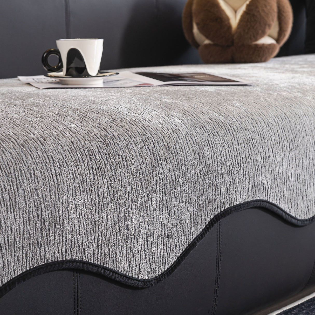 Chenille Couch Cover with Scalloped Edge, Non-Slip Modular Slipcover Sectional