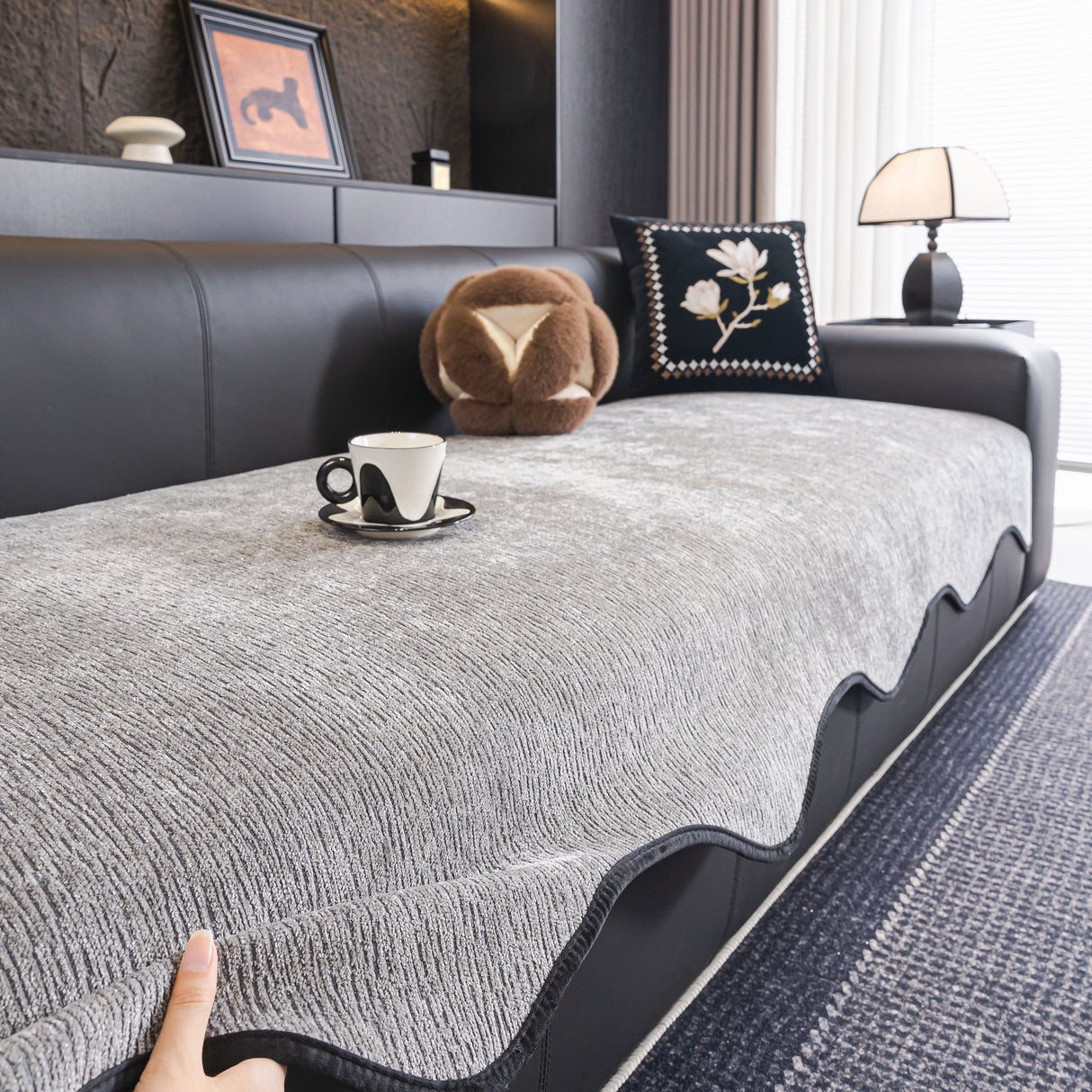 Chenille Couch Cover with Scalloped Edge, Non-Slip Modular Slipcover Sectional