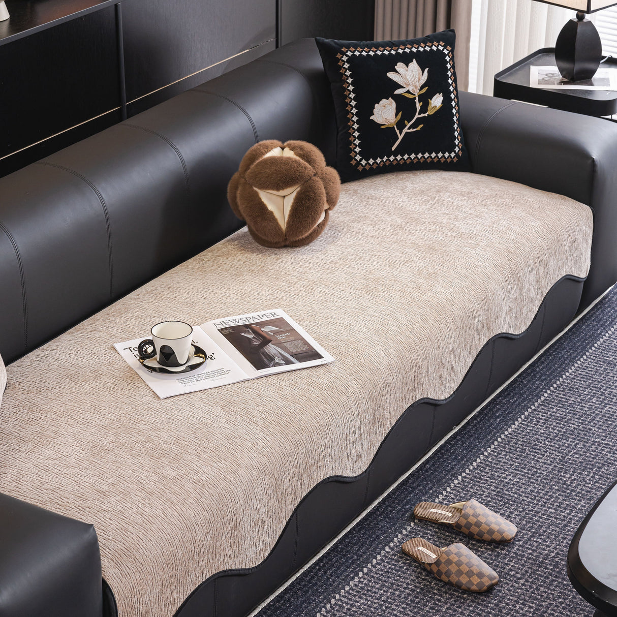 Chenille Couch Cover with Scalloped Edge, Non-Slip Modular Slipcover Sectional