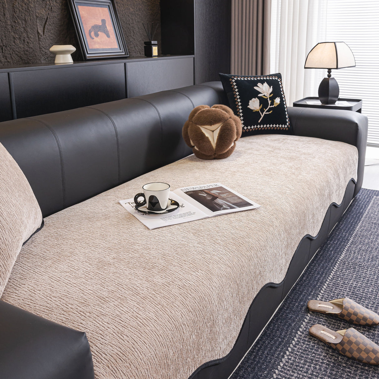 Chenille Couch Cover with Scalloped Edge, Non-Slip Modular Slipcover Sectional