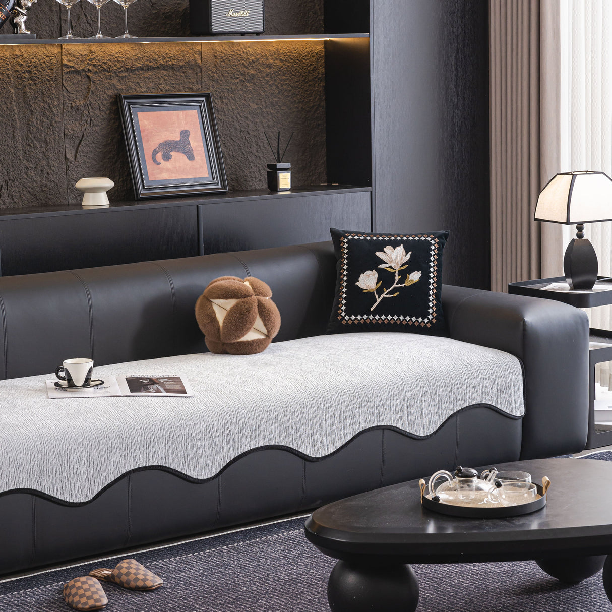 Chenille Couch Cover with Scalloped Edge, Non-Slip Modular Slipcover Sectional