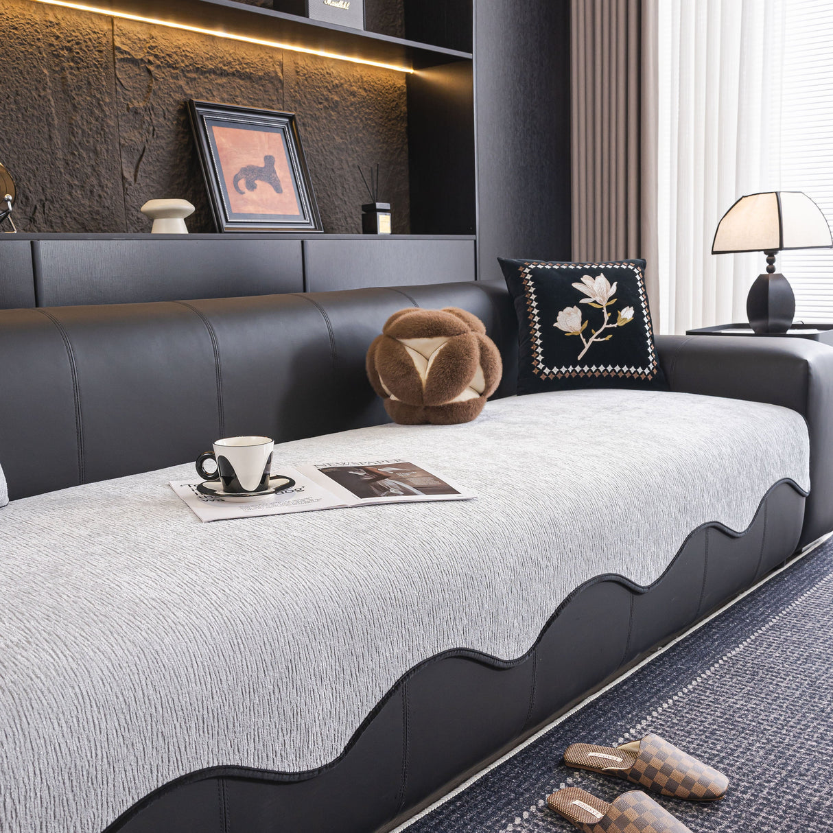 Chenille Couch Cover with Scalloped Edge, Non-Slip Modular Slipcover Sectional