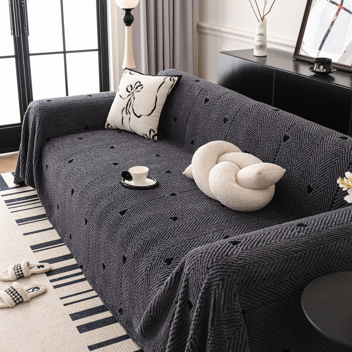 Thick Plush Sofa Cover Throw for Couch, 3D Textured Herringbone Washable Slipcover