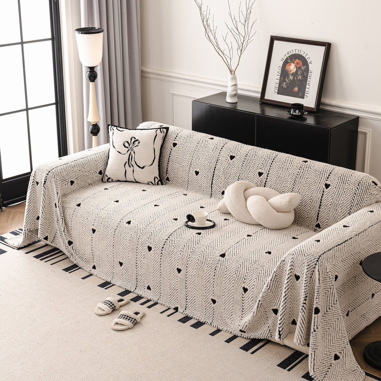 Thick Plush Sofa Cover Throw for Couch, 3D Textured Herringbone Washable Slipcover