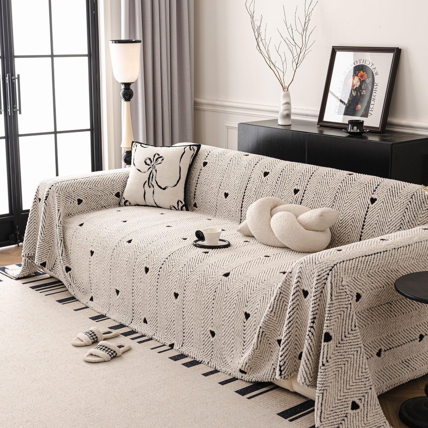 Thick Plush Sofa Cover Throw for Couch, 3D Textured Herringbone Washable Slipcover