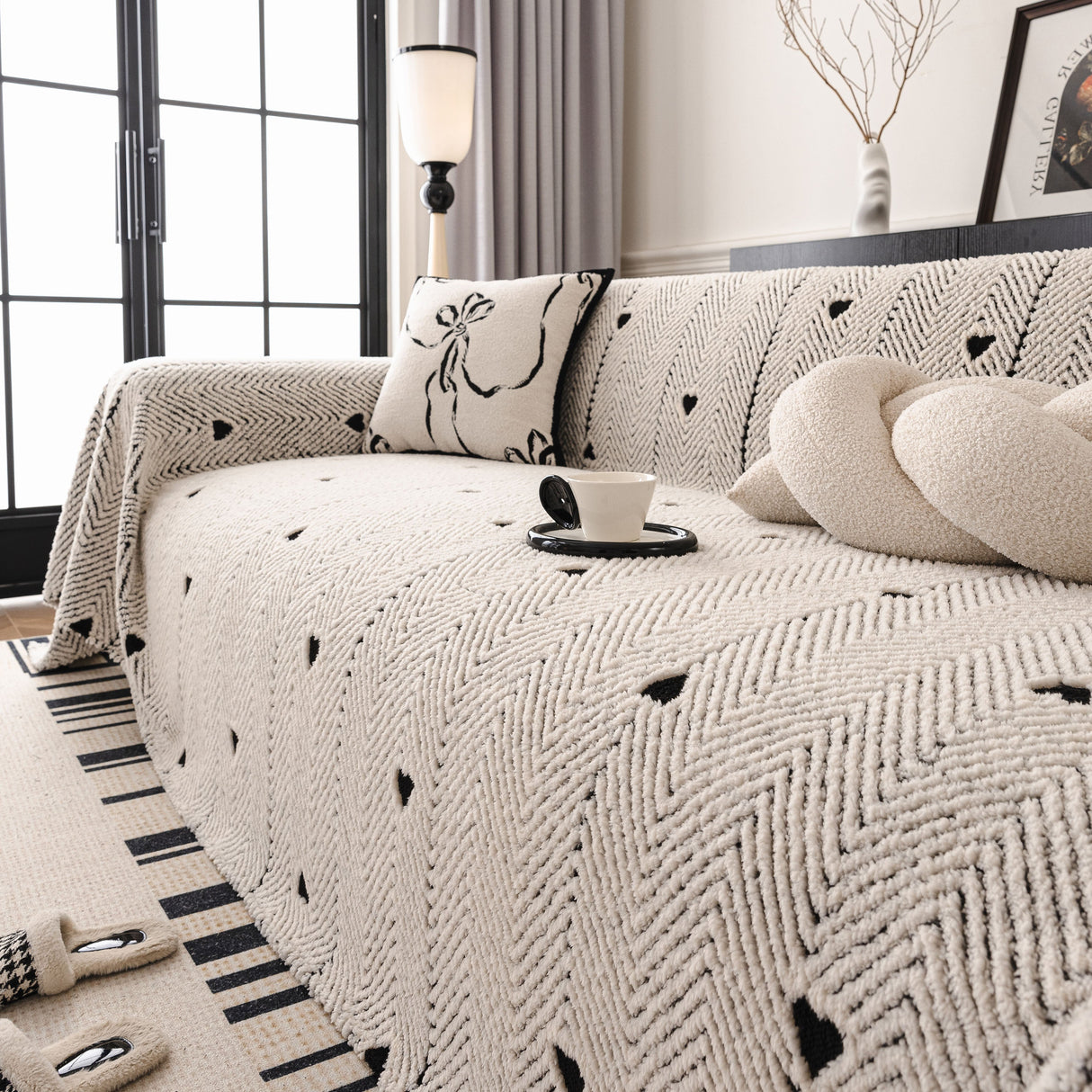 Thick Plush Sofa Cover Throw for Couch, 3D Textured Herringbone Washable Slipcover
