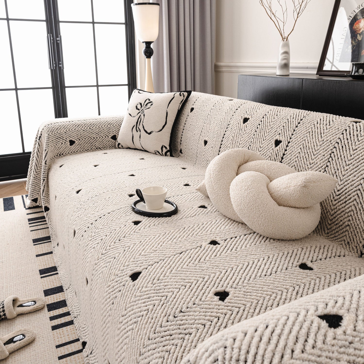 Thick Plush Sofa Cover Throw for Couch, 3D Textured Herringbone Washable Slipcover