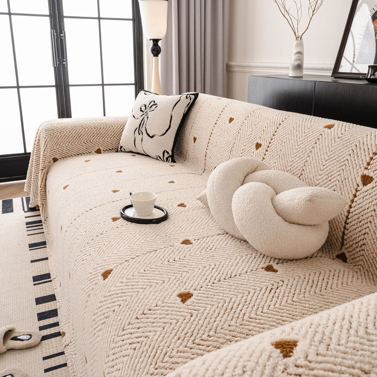 Thick Plush Sofa Cover Throw for Couch, 3D Textured Herringbone Washable Slipcover
