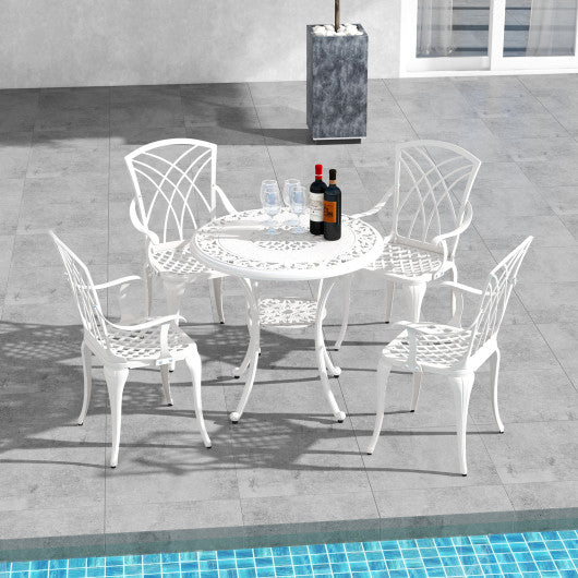 5 Piece Patio Bistro Table Chair Set with Umbrella Hole and Aluminum Frame-White