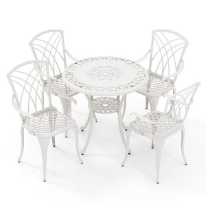 5 Piece Patio Bistro Table Chair Set with Umbrella Hole and Aluminum Frame-White