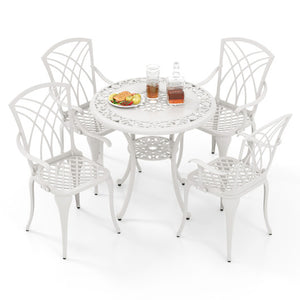 5 Piece Patio Bistro Table Chair Set with Umbrella Hole and Aluminum Frame-White