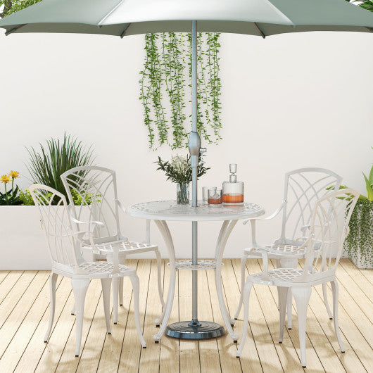5 Piece Patio Bistro Table Chair Set with Umbrella Hole and Aluminum Frame-White