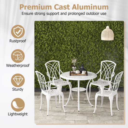 5 Piece Patio Bistro Table Chair Set with Umbrella Hole and Aluminum Frame-White