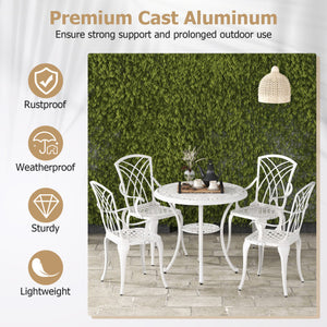 5 Piece Patio Bistro Table Chair Set with Umbrella Hole and Aluminum Frame-White
