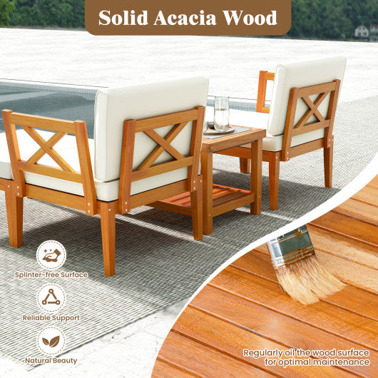 5 Pieces Acacia Wood Patio Chaise Lounge Chair Set with Ottoman and Cushions-White