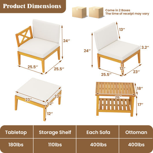 5 Pieces Acacia Wood Patio Chaise Lounge Chair Set with Ottoman and Cushions-White