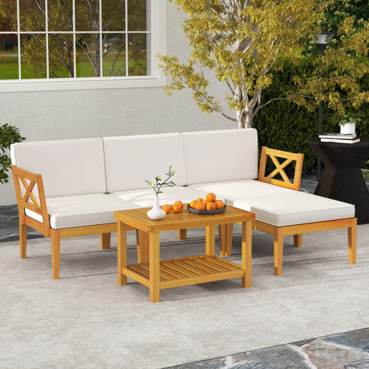 5 Pieces Acacia Wood Patio Furniture Set with 2-Tier Coffee Table and Cushions-White