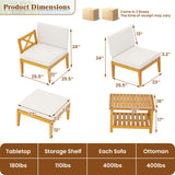 5 Pieces Acacia Wood Patio Furniture Set with 2-Tier Coffee Table and Cushions-White