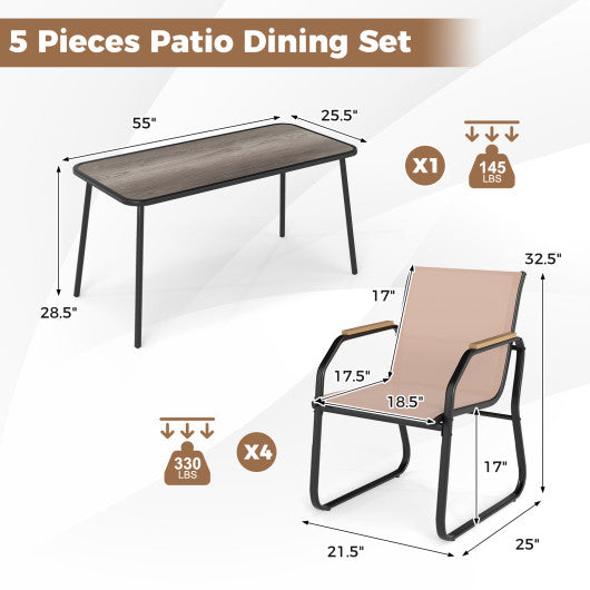5 Pieces Patio Dining Set with Rectangular Table and Fabric Chairs-Brown