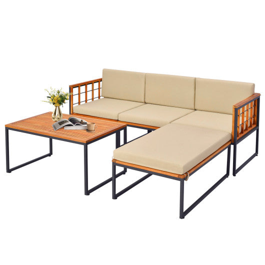 5 Pieces Patio Furniture Set Acacia Wood Sectional Set with Heavy-Duty Metal Frame-Beige
