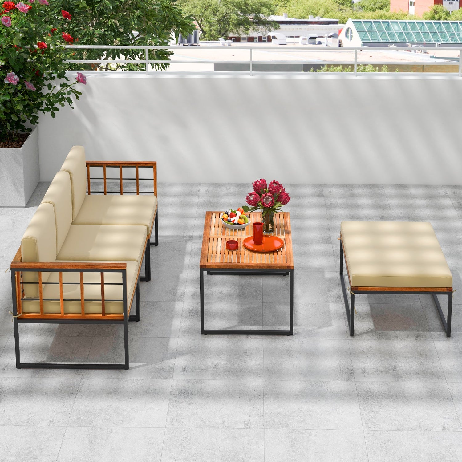 5 Pieces Patio Furniture Set Acacia Wood Sectional Set with Heavy-Duty Metal Frame-Beige