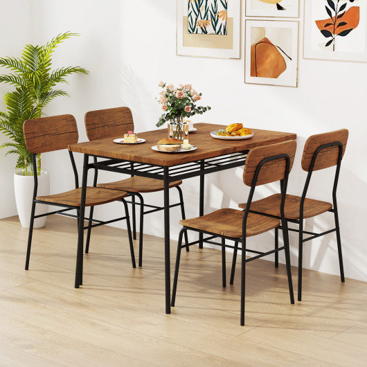 5-Piece Table Set for 4 with Metal Frame and Storage Rack-Brown