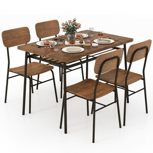 5-Piece Table Set for 4 with Metal Frame and Storage Rack-Brown