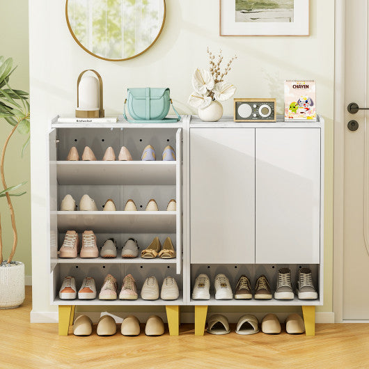 5-Tier Shoe Cabinet with Faux Marble Countertop and Flat Tilting Shelves-White