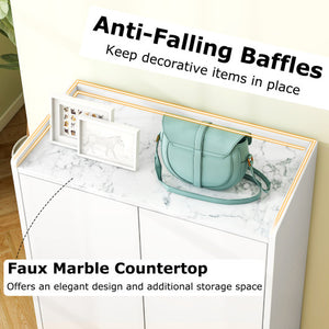 5-Tier Shoe Cabinet with Faux Marble Countertop and Flat Tilting Shelves-White