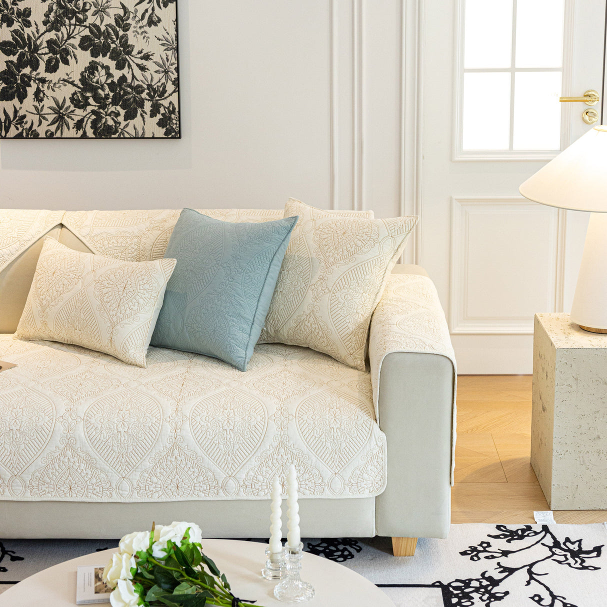 Baroque Sofa Cover – Quilted Cotton, Non-Slip, Washable with Ornate Embroidery