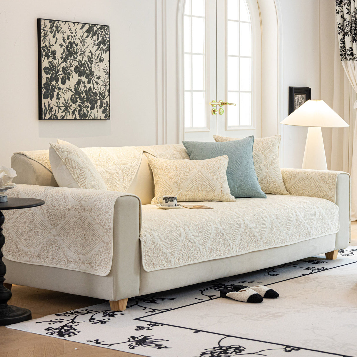 Baroque Sofa Cover – Quilted Cotton, Non-Slip, Washable with Ornate Embroidery