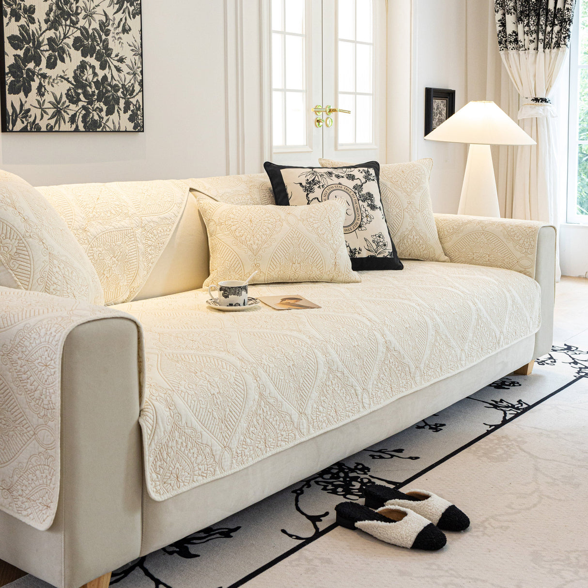 Baroque Sofa Cover – Quilted Cotton, Non-Slip, Washable with Ornate Embroidery