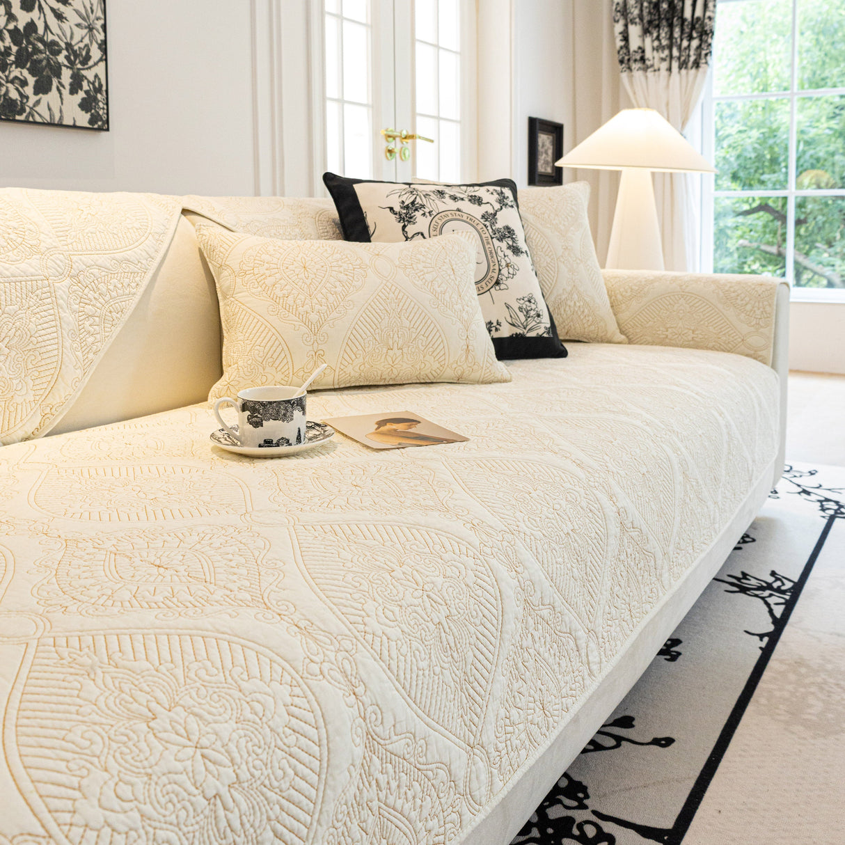 Baroque Sofa Cover – Quilted Cotton, Non-Slip, Washable with Ornate Embroidery