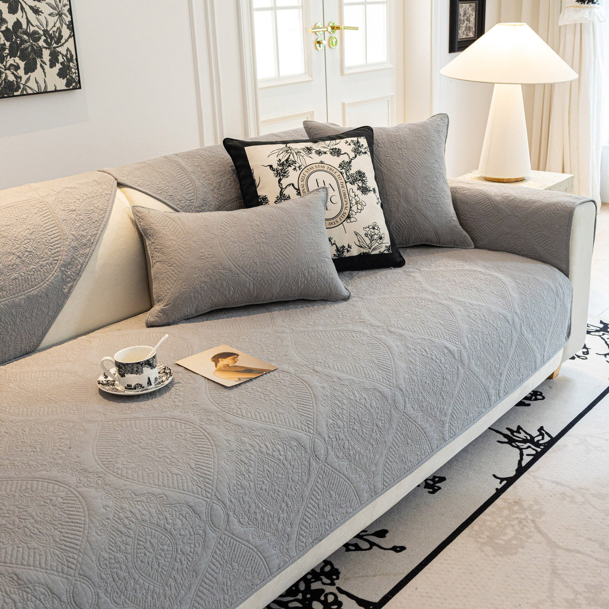 Baroque Sofa Cover – Quilted Cotton, Non-Slip, Washable with Ornate Embroidery