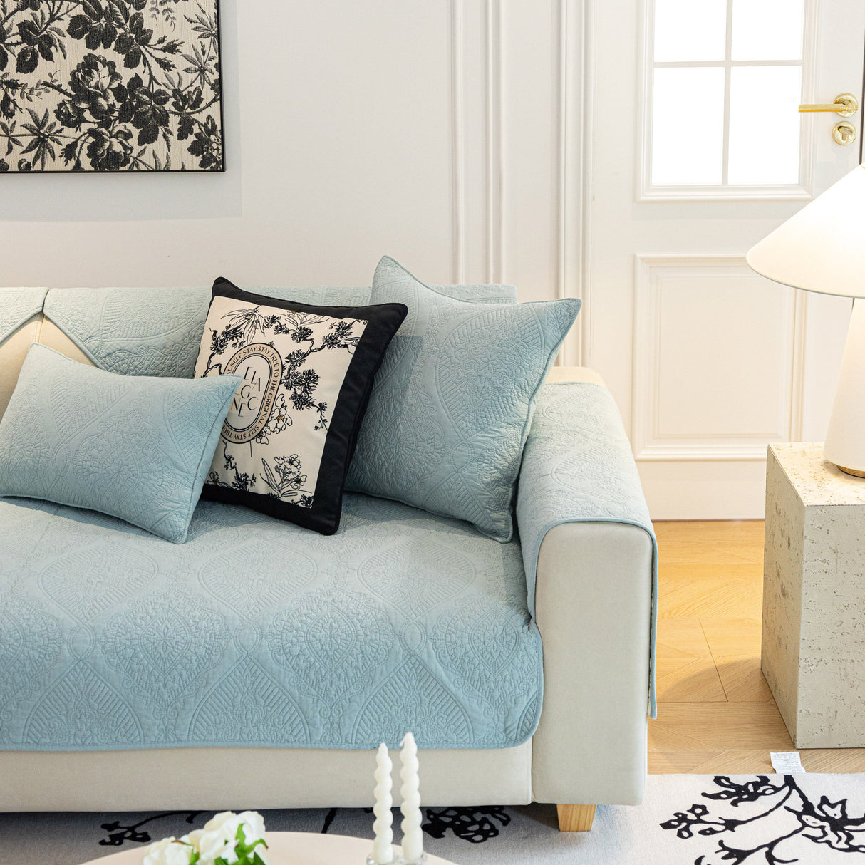 Baroque Sofa Cover – Quilted Cotton, Non-Slip, Washable with Ornate Embroidery