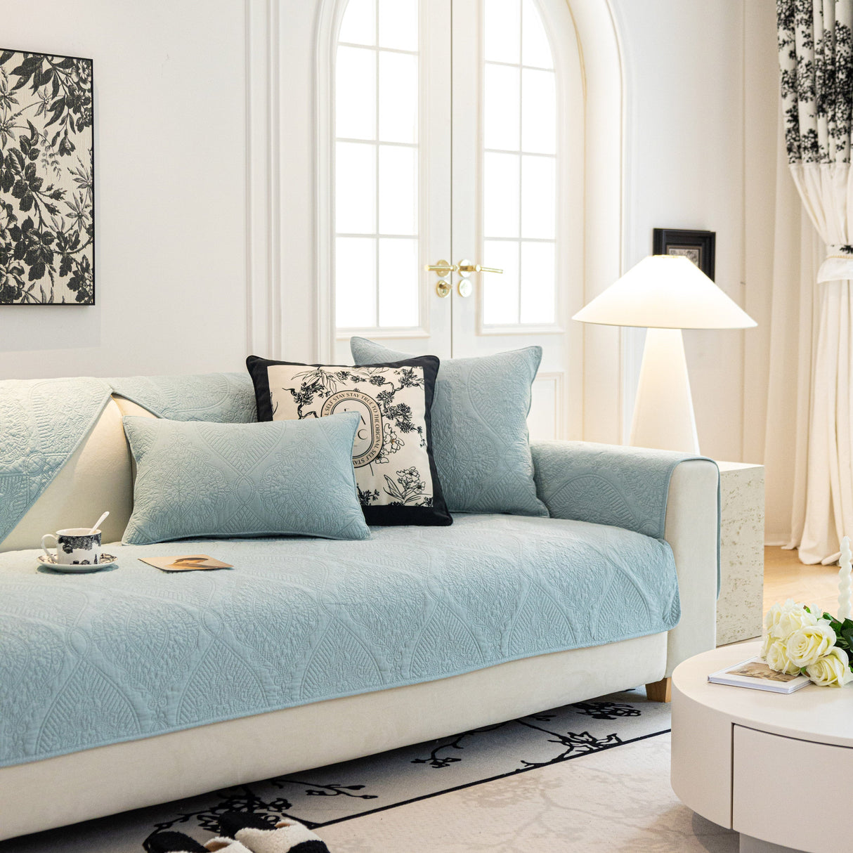 Baroque Sofa Cover – Quilted Cotton, Non-Slip, Washable with Ornate Embroidery