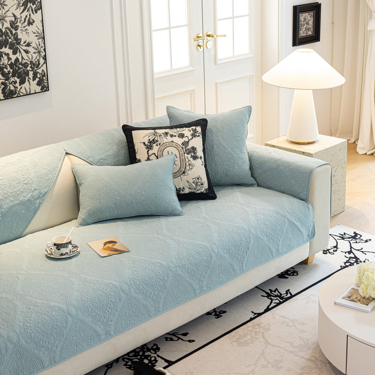 Baroque Sofa Cover – Quilted Cotton, Non-Slip, Washable with Ornate Embroidery