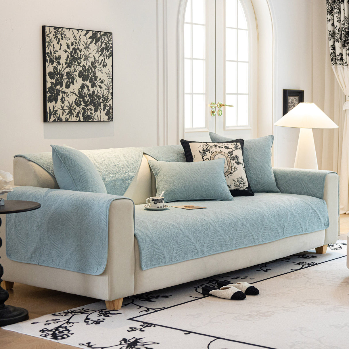 Baroque Sofa Cover – Quilted Cotton, Non-Slip, Washable with Ornate Embroidery