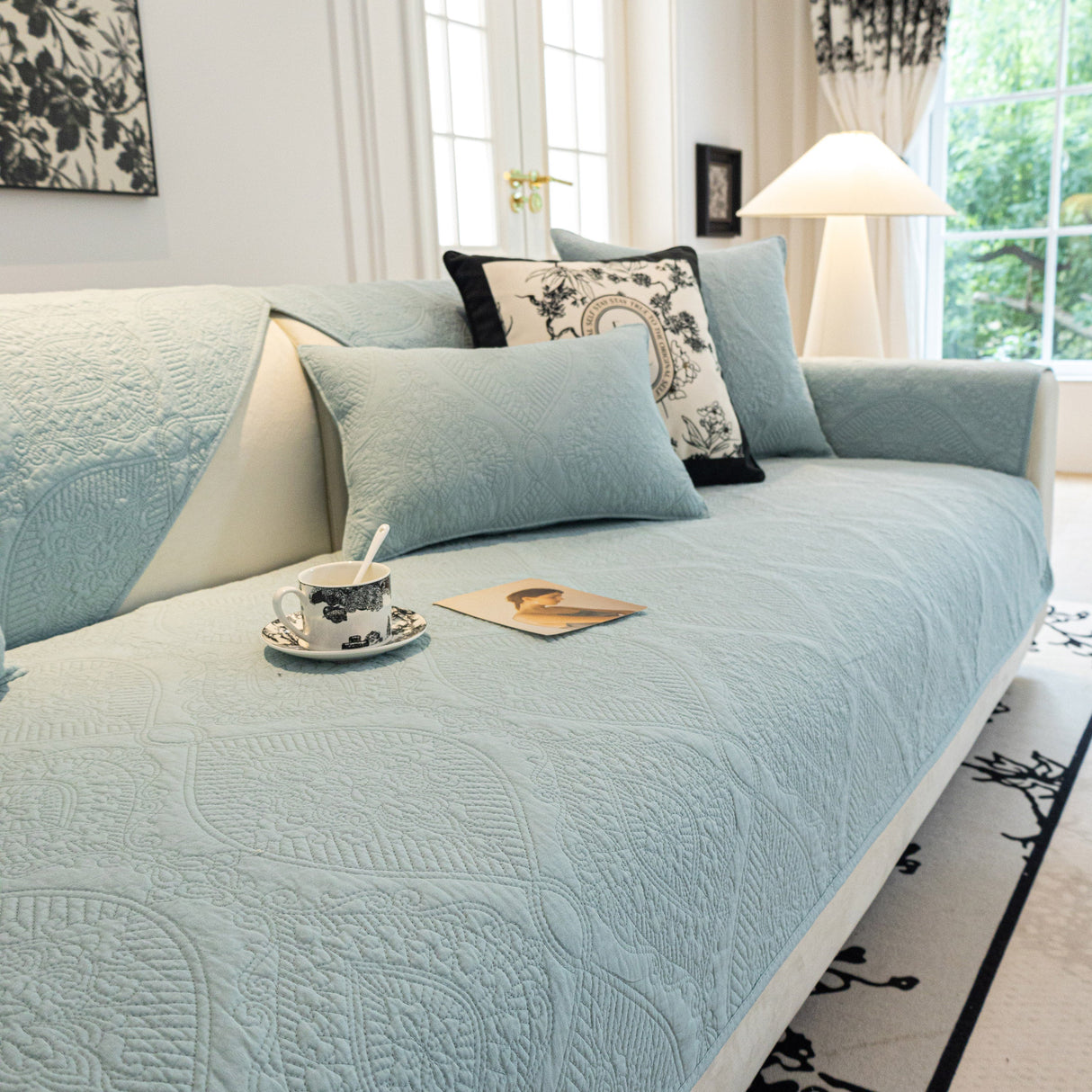 Baroque Sofa Cover – Quilted Cotton, Non-Slip, Washable with Ornate Embroidery