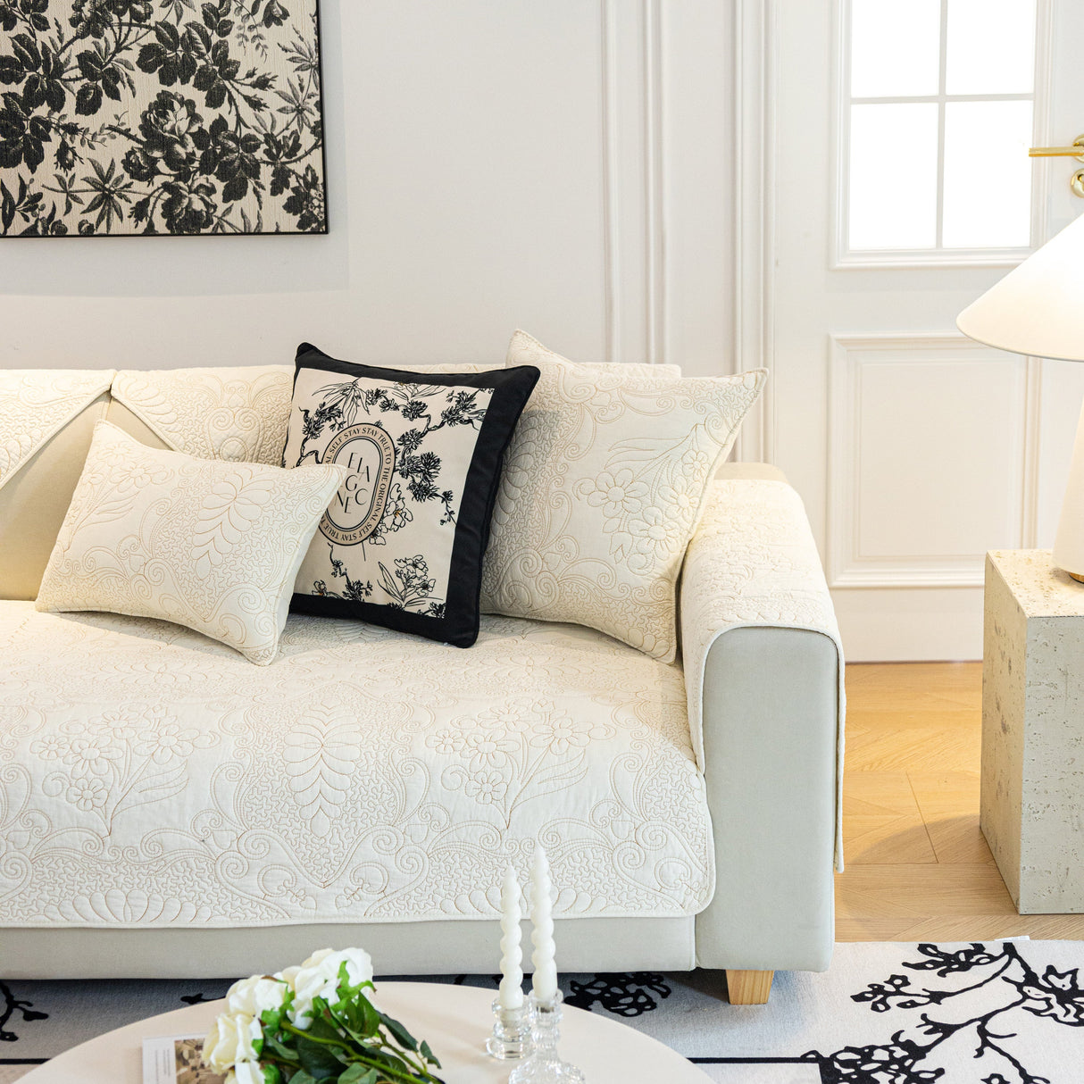 Baroque Floral Quilted Cotton Sofa Cover, Non-Slip Washable Couch Protector