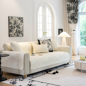 Baroque Floral Quilted Cotton Sofa Cover, Non-Slip Washable Couch Protector