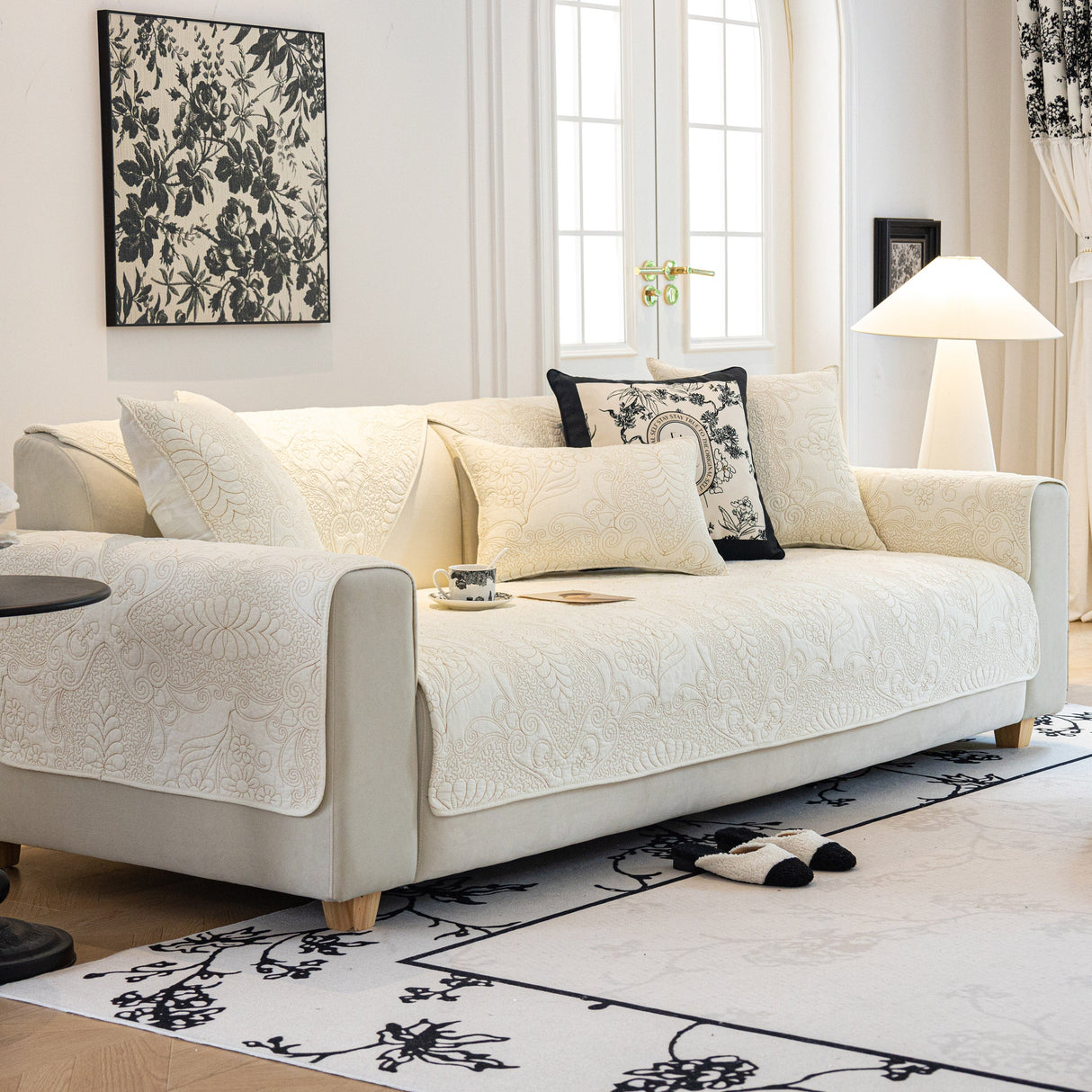 Baroque Floral Quilted Cotton Sofa Cover, Non-Slip Washable Couch Protector