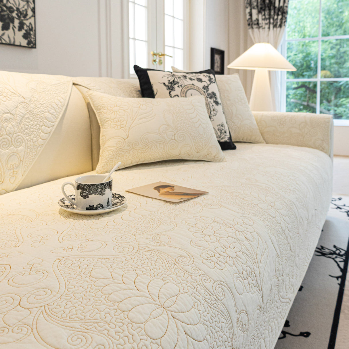 Baroque Floral Quilted Cotton Sofa Cover, Non-Slip Washable Couch Protector