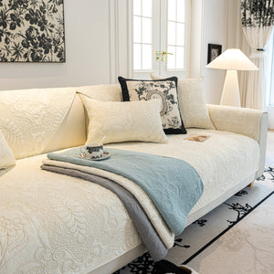 Baroque Floral Quilted Cotton Sofa Cover, Non-Slip Washable Couch Protector