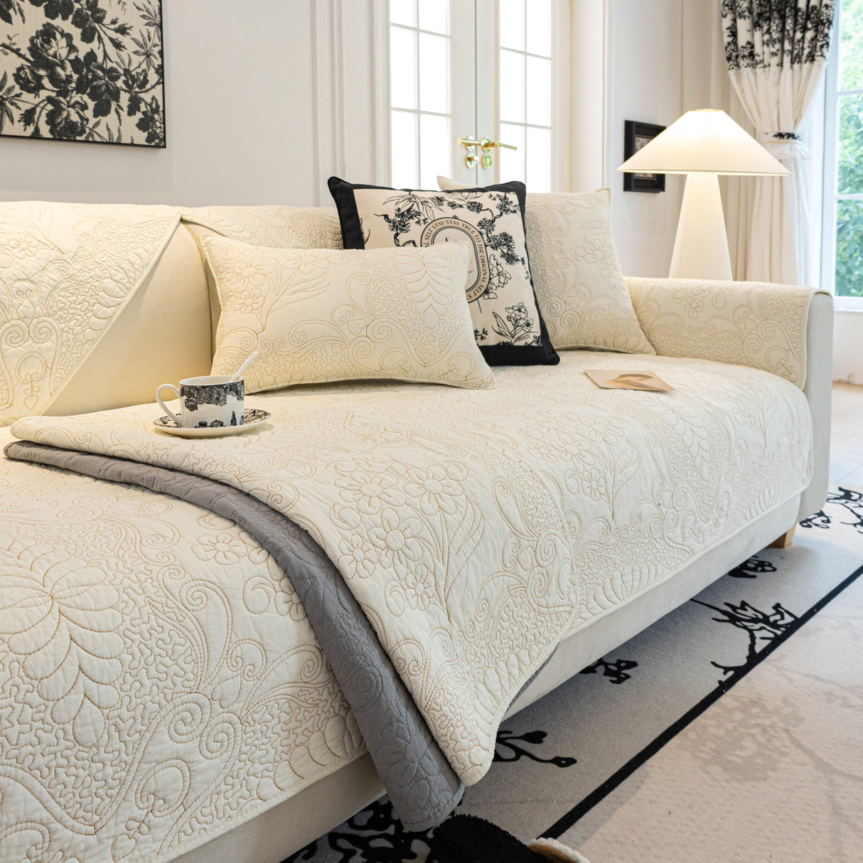 Baroque Floral Quilted Cotton Sofa Cover, Non-Slip Washable Couch Protector