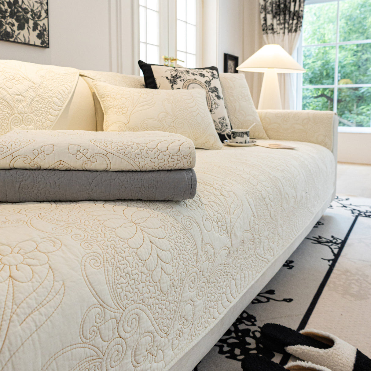 Baroque Floral Quilted Cotton Sofa Cover, Non-Slip Washable Couch Protector