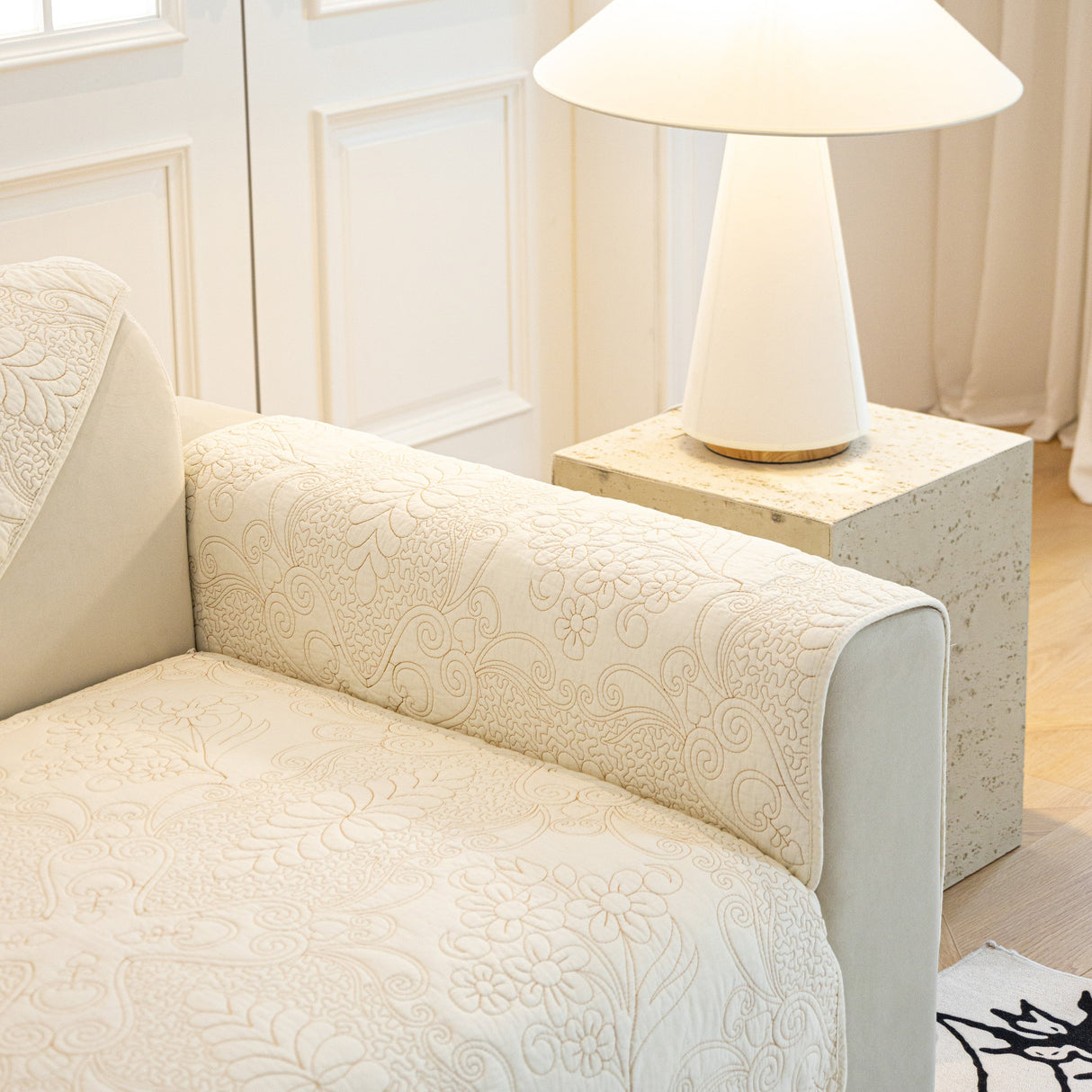 Baroque Floral Quilted Cotton Sofa Cover, Non-Slip Washable Couch Protector