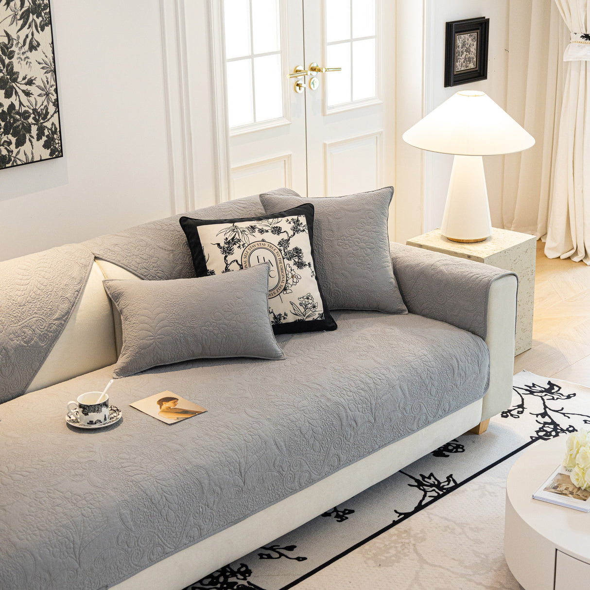 Baroque Floral Quilted Cotton Sofa Cover, Non-Slip Washable Couch Protector