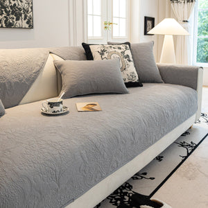 Baroque Floral Quilted Cotton Sofa Cover, Non-Slip Washable Couch Protector